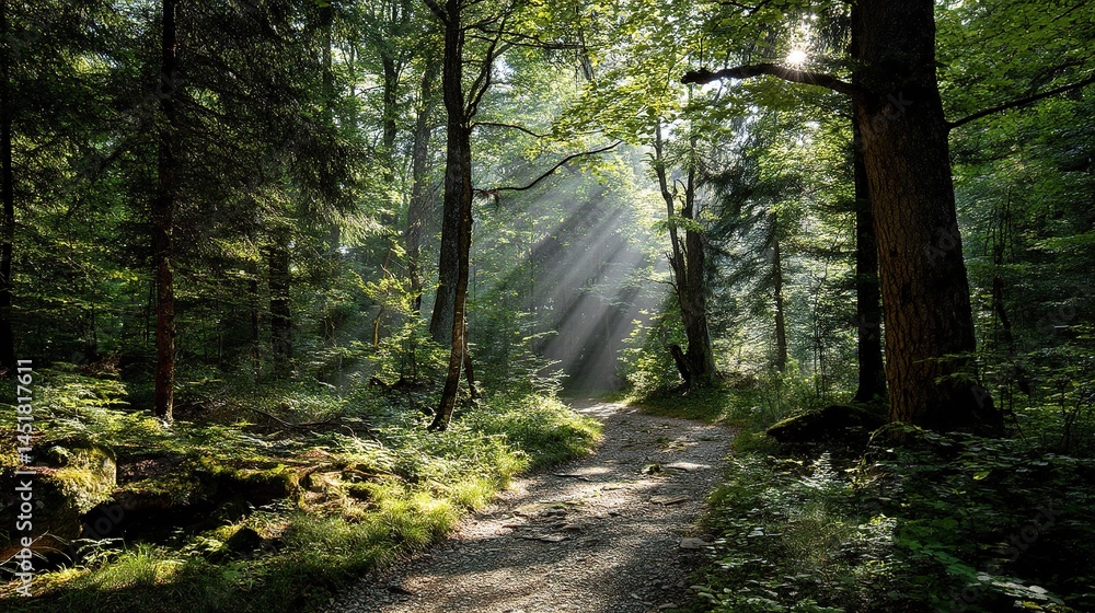 Obraz premium Serene Forest Path With Sunlight Filtering Through Green Canopy