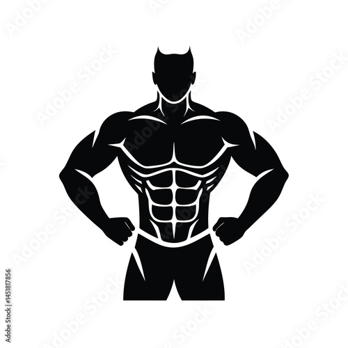 Silhouette Vector Illustration of a Strong Man Bodybuilder with Six Pack Abs Flat Vector
