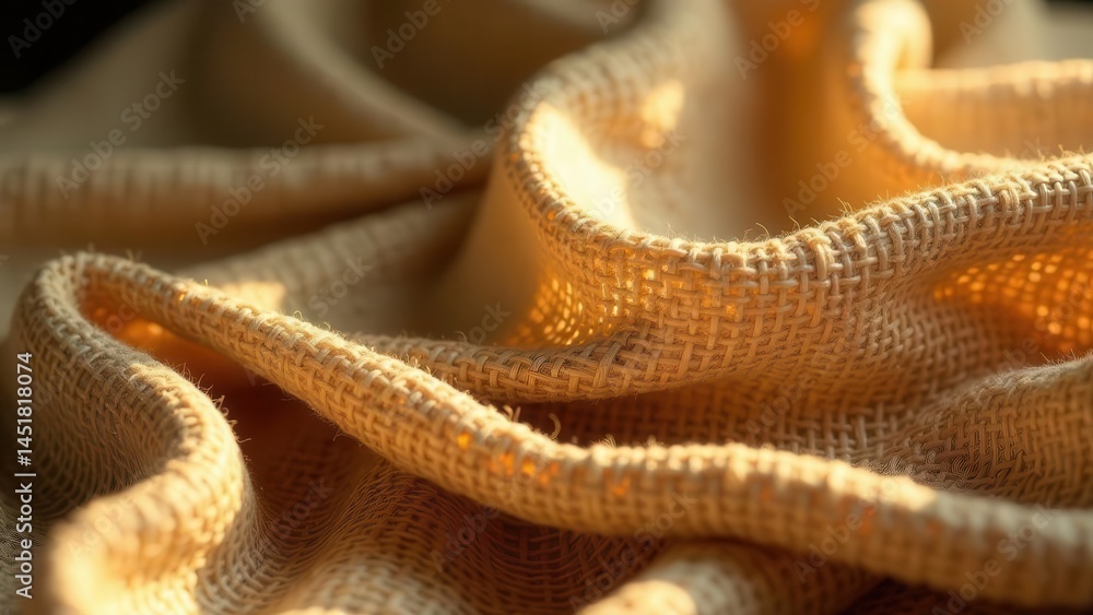 Fototapeta premium Golden Hour Burlap Textured Fabric Draped in Warm Light, Showing Intricate Weave and Soft Shadows