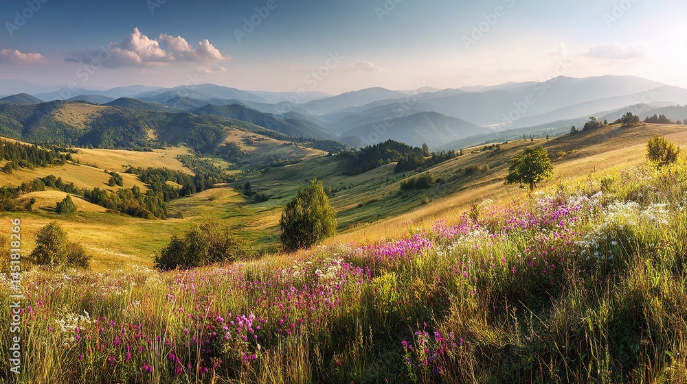 Obraz premium Serene Hills with Flowering Meadows Under Warm Sunlight