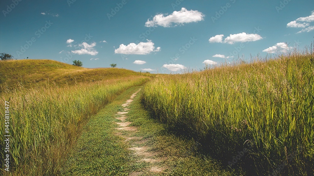 Obraz premium Serene Trail Through Lush Green Grass in Countryside Landscape