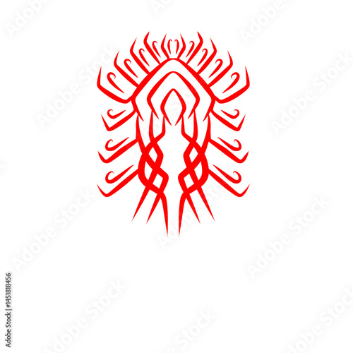 Intricate symmetrical scarlet emblem on a deep black canvas, evoking primal energy