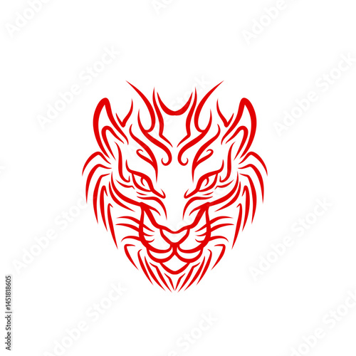 Abstract red animal face design on black background evoking primal energy