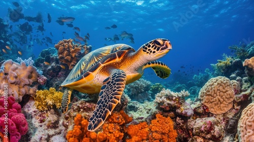 A vivid illustration of a sea turtle navigating through a colorful coral reef.