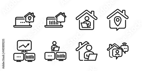 Remote Work Line Icons . Freelancer Work from Home, Video Call, Online Meeting, Teleconference Vector Set
