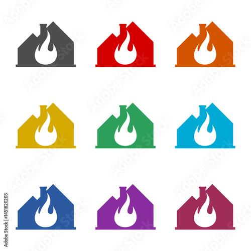 Fire in burning house  icon isolated on white background. Set icons colorful