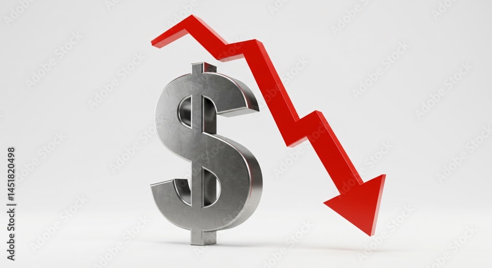 Fototapeta premium Dollar symbol with red arrow pointing downward indicating financial loss. Concept of currency devaluation and economic crisis for stock market analysis or report.