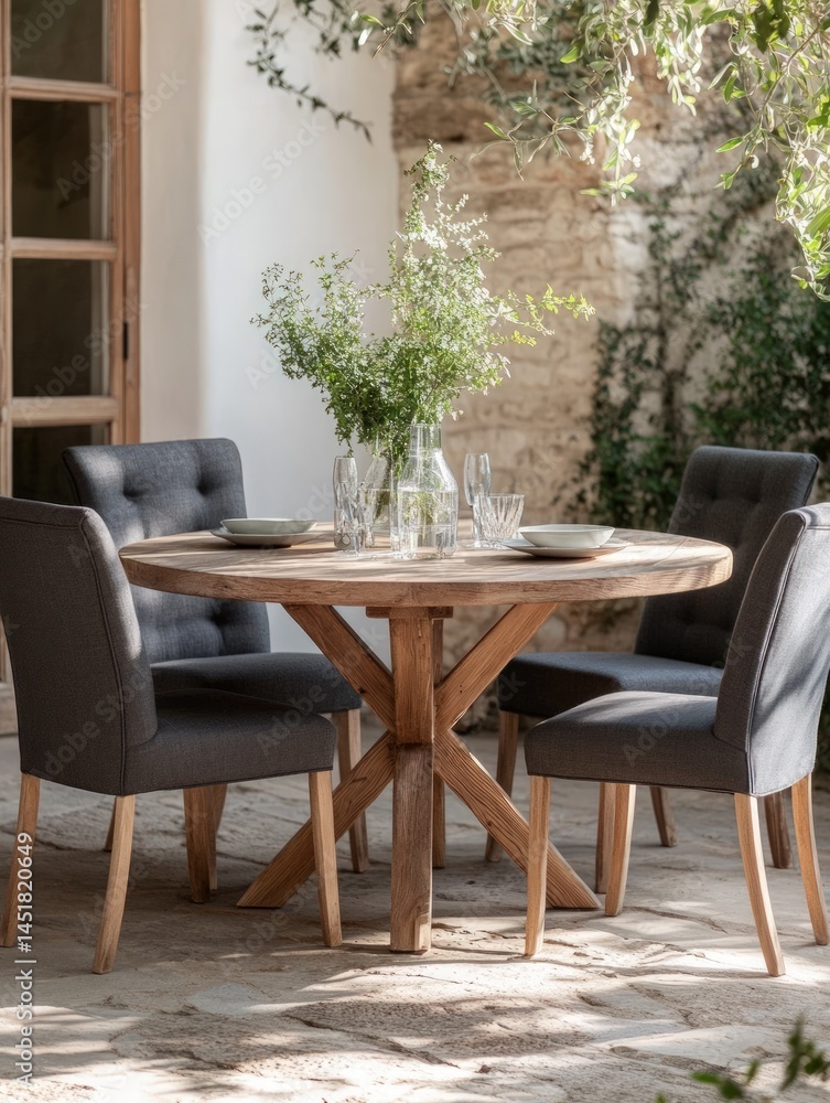 Fototapeta premium Outdoor dining set, rustic wooden table and chairs