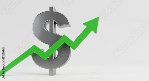 Dollar currency sign symbol with green arrow going up on plain background showing increase in value for financial investment and stock market.