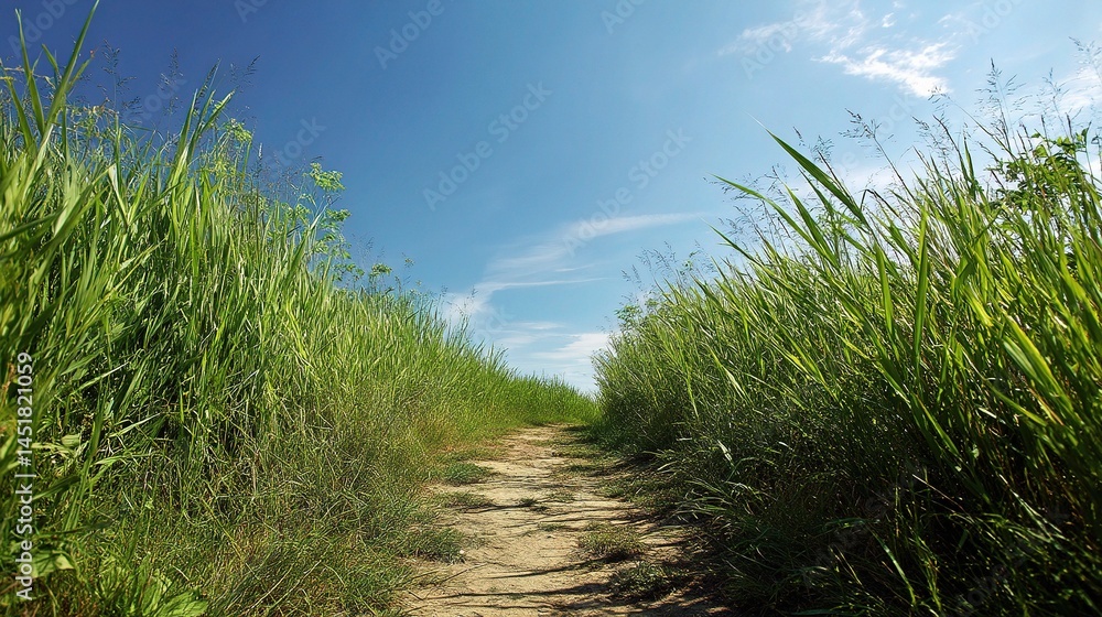 Scenic Trail Through Tall Green Grass Under a Clear Blue Sky Scenic Trail Through Tall Green Grass Under a Clear Blue Sky