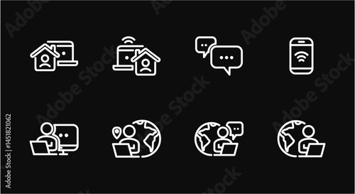 Remote Work Line Icons . Freelancer Work from Home, Video Call, Online Meeting, Teleconference Vector Set