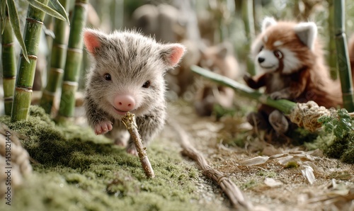 Mini-piglet trots through mossy bamboo forest near red panda with a bamboo stick