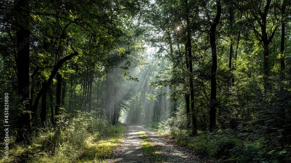 Fototapeta premium Sunbeams Breaking Through Quiet Forest Path Surrounded by Lush Foliage