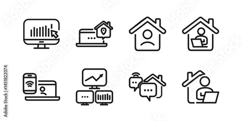 Remote Work Line Icons . Freelancer Work from Home, Video Call, Online Meeting, Teleconference Vector Set