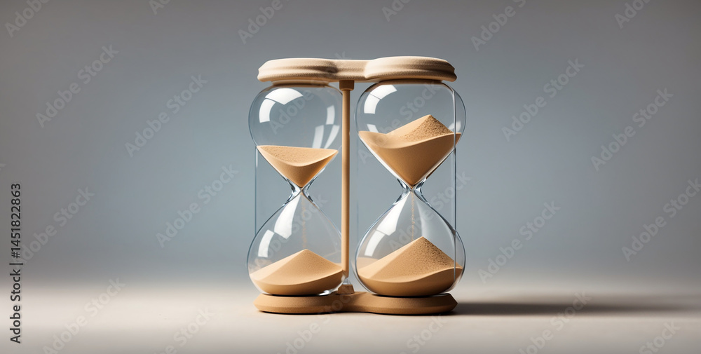 Fototapeta premium A digital stock image shows two side-by-side hourglasses, one half-empty and the other mostly full, against a blurred background. The sand inside each is tan, suggesting themes of time or deadlines.