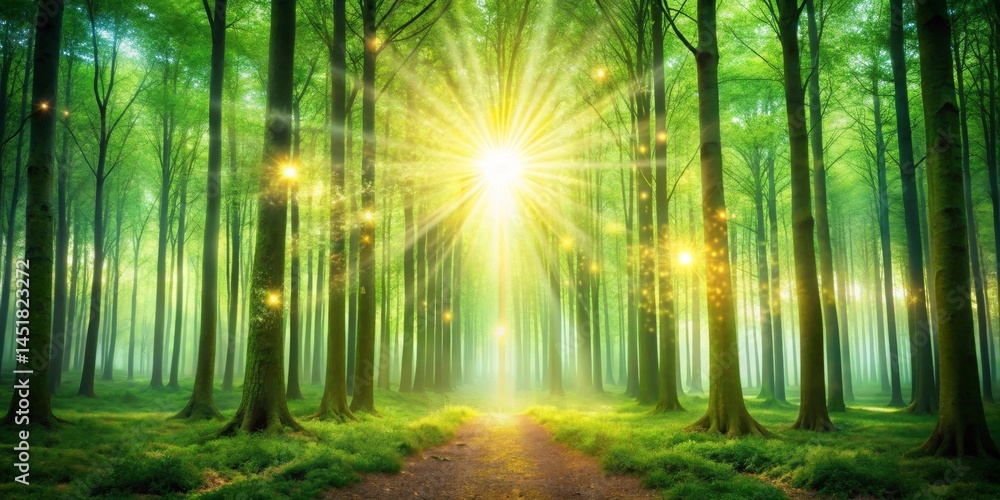 Obraz premium Sunbeams Illuminate a Mystical Forest Path, Glowing with an Ethereal Light, Creating a Serene and Magical Atmosphere
