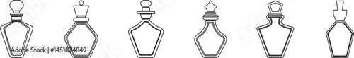 Perfume Bottle line art icon set.Fragrance perfume vector. Line and glyph perfume.Clothing costumes and accessories concept.spray bottle of icon.perfume bottle with liquid inside, glowing reflection.