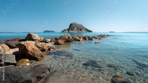 Remote Beach Scene with Rocky Island in the Distance