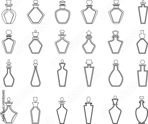 Perfume Bottle line art icon set.Fragrance perfume vector. Line and glyph perfume.Clothing costumes and accessories concept.spray bottle of icon.perfume bottle with liquid inside, glowing reflection.