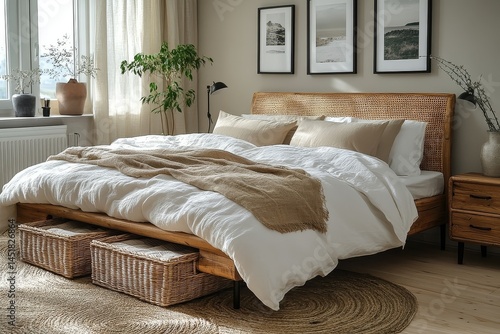 Wallpaper Mural Minimalist wooden-frame bed with black metal legs, rattan headboard, wicker storage box, and framed pictures on white walls in a naturally lit room Torontodigital.ca