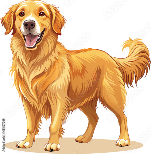 A cute golden retriever puppy, a happy canine pet, is sitting isolated on white in a portrait