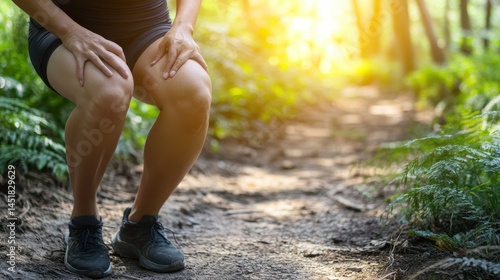 A woman suffering from knee pain due to an injury, tendon problems from a workout, osteoarthritis, and articular inflammation, with a focus on the discomfort and impact on daily life.