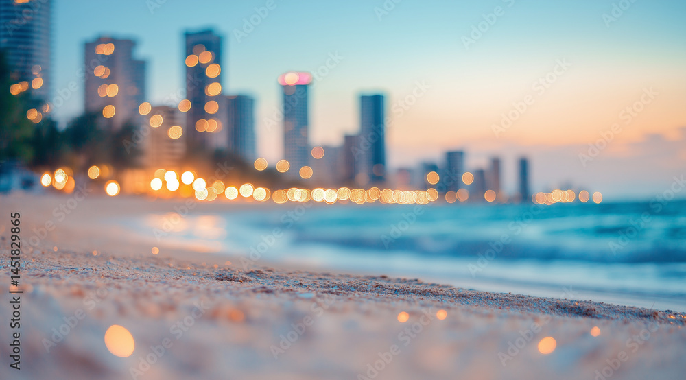 Fototapeta premium Blurred summer beach background with bokeh lights and pastel sky