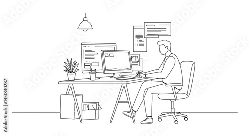 Person working diligently at a desk with computers and plants  