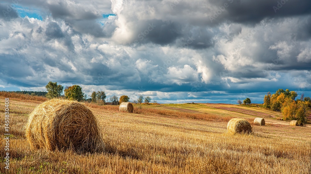 Fototapeta premium Scenic Autumn Countryside Field with Hay Bales and Dramatic Sky