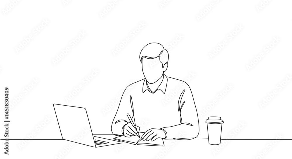 Person working intently at a desk with a laptop and coffee Person working intently at a desk with a laptop and coffee