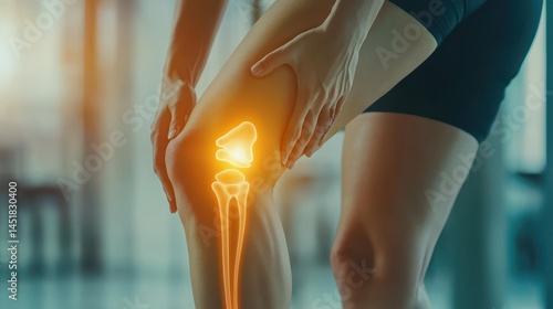 A woman suffering from knee pain due to an injury, tendon problems from a workout, osteoarthritis, and articular inflammation, with a focus on the discomfort and impact on daily life.