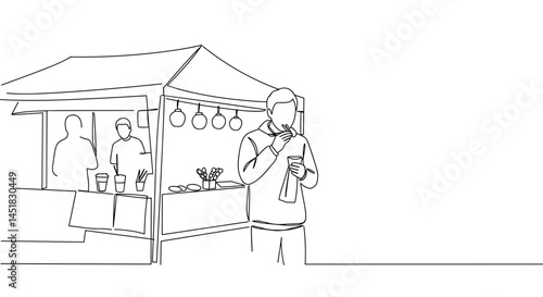 Person enjoying street food at a market stall with minimalistic design  