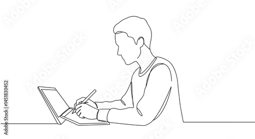 Young man drawing on tablet in minimalist style  