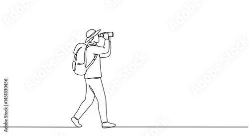 Hiker observing nature with binoculars against a minimalistic background  