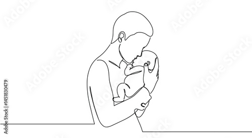 Father embracing newborn baby with love in minimalist line art  