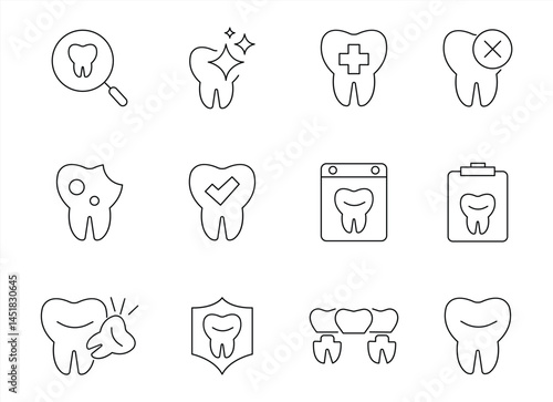 Editable icon set with dentistry theme in linear style. This icon set includes icons of teeth, implants, treatment, x-rays and more, ready to use. vector illustration