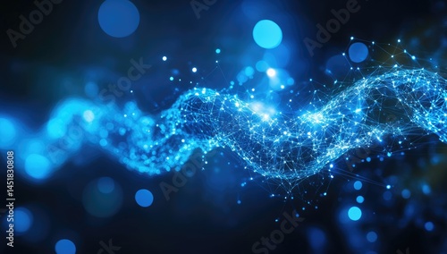 Abstract swirling blue network design with glowing points and lines.  Complex interconnected network structure.  Bokeh lights enhance the effect