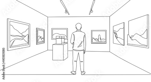 Art Enthusiast Observing Exhibits in Minimalist Gallery  