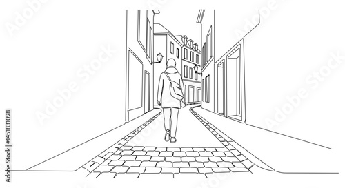 Person walking peacefully in a quiet street illustration  