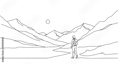 Minimalist line drawing of a hiker admiring mountain landscape  