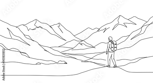 Adventurer exploring vast mountain landscape in minimalist style  