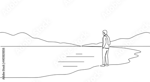 Person Reflecting by Tranquil Lake Against Serene Landscape  