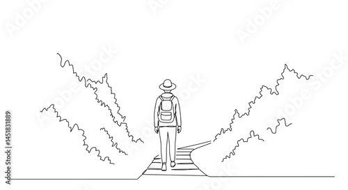 Hiker walking on a path surrounded by nature's outlines  