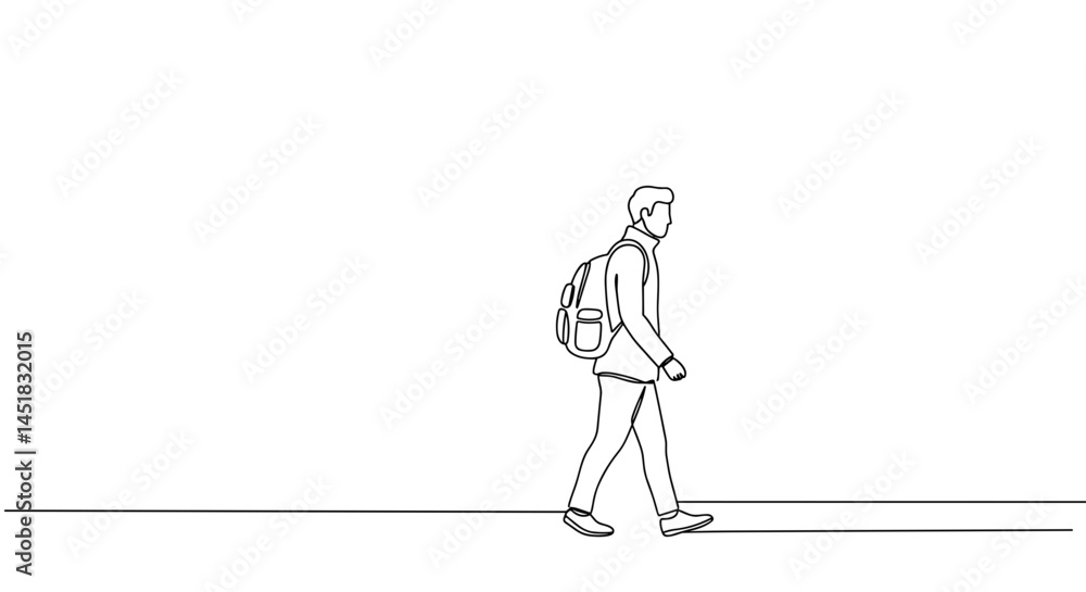 Man strolling with backpack against a minimalistic background  