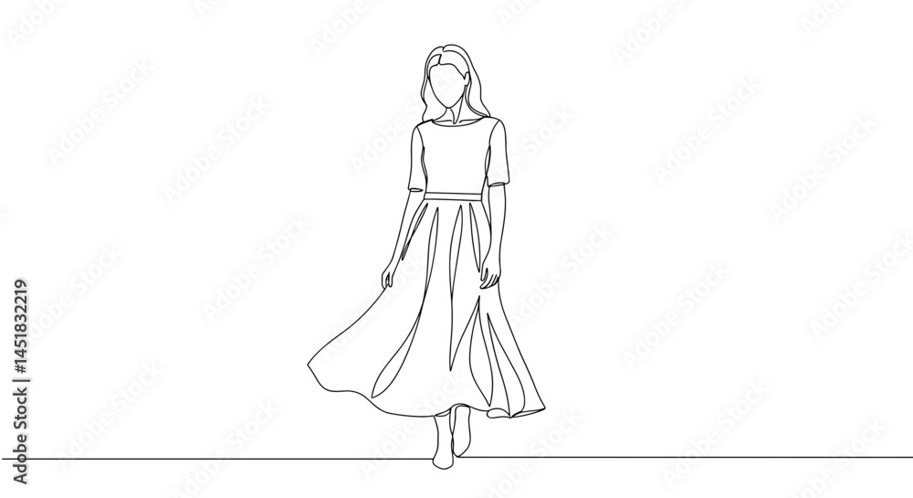 Elegant woman walking gracefully in a minimalist sketch