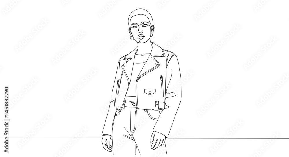 Minimalist line drawing of a confident model wearing a jacket