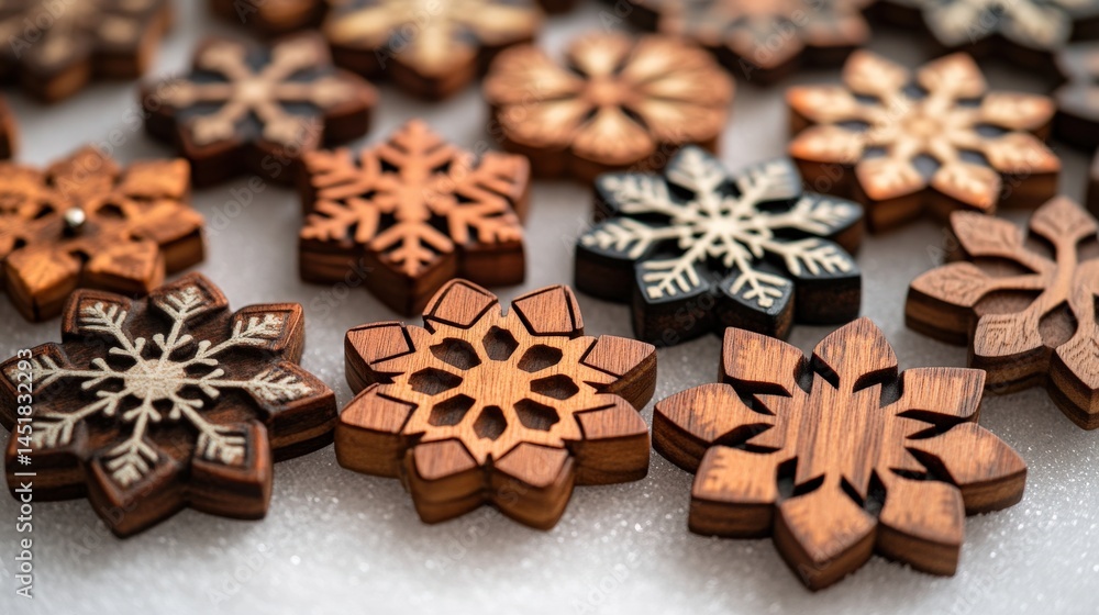 Intricately designed wooden snowflake ornaments displayed on a soft, white background Intricately designed wooden snowflake ornaments displayed on a soft, white background