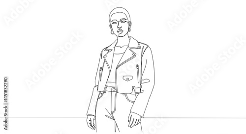 Minimalist line drawing of a confident model wearing a jacket  
