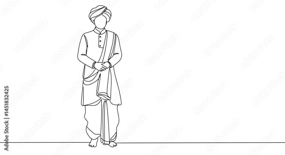 Traditional Indian man standing gracefully in simple outline style