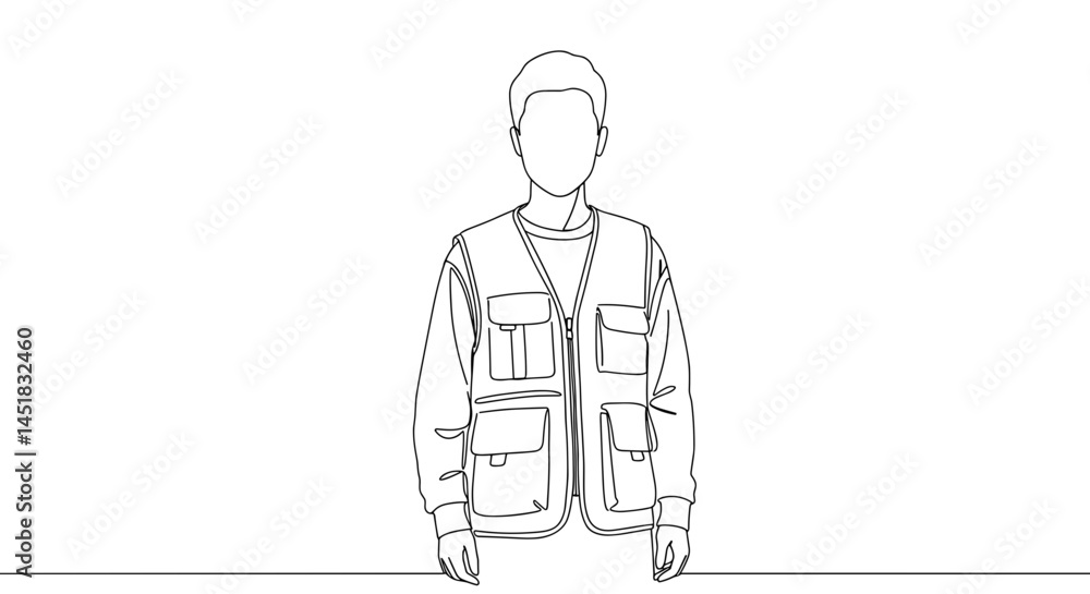 Line Drawing of a Person in a Work Vest Standing Against a Plain Background